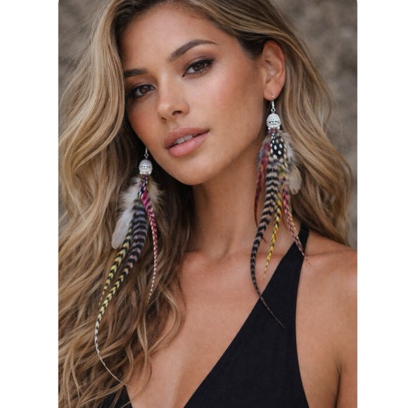 Boho. Handmade Rooster Grizzly Feather Long Color Handmade Earrings #3 - Picture 6 of 6